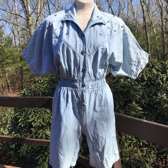 Vintage 1980 Denim Romper Studded Acid Wash Medium - Picture 5 of 8